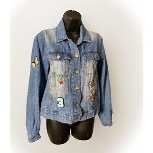 Joe Boxer Girl's Jean Jacket Large Fun Patches on Front‎ Butterfly and More